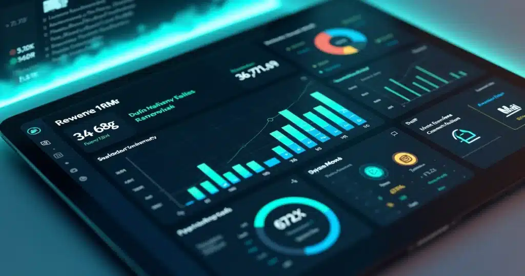 Como Calcular o ROI e Justificar PRM no Orçamento 2026 Modelo 3D detalhado de um dashboard de software PRM com gráficos de ROI, indicadores financeiros e, comunicação integrada, Justificar PRM no Orçamento 2026
