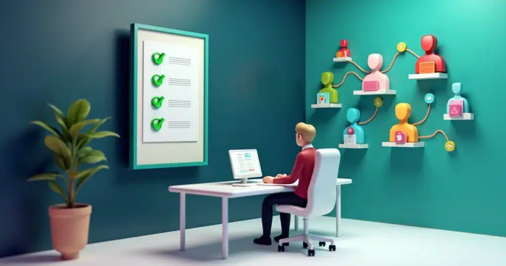 Checklist: 30 perguntas para avaliar se você precisa de um PRM Gestor observando painel digital com checklist e fluxo de parceiros em 3D