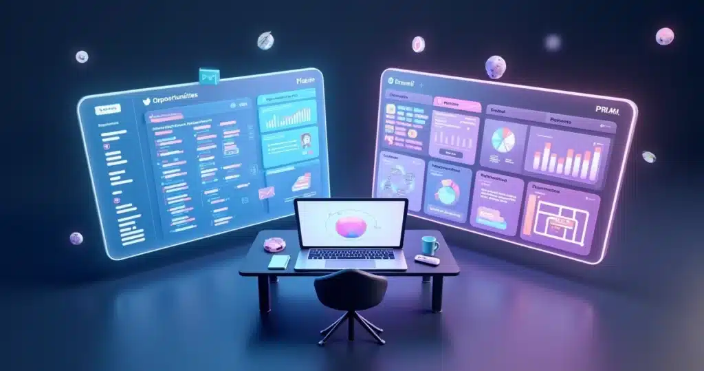 Comparativo: gerenciar parceiros no CRM vs. PRM dedicado Comparativo visual entre CRM e PRM para gestão de parceiros em painel 3D, gerenciar parceiros