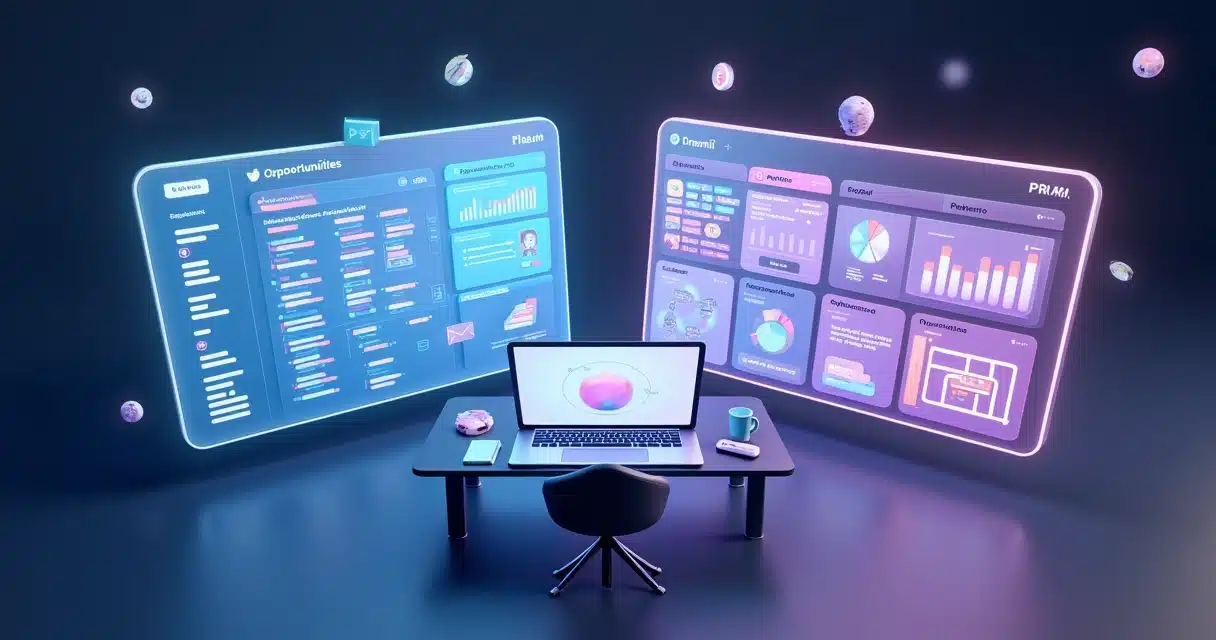 Comparativo visual entre CRM e PRM para gestão de parceiros em painel 3D, gerenciar parceiros