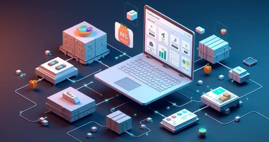 E-commerce B2B e marketplaces: como integrar parceiros Dashboard 3D de e-commerce B2B conectando marketplace e parceiros de canal, E-commerce B2B e marketplaces: como integrar parceiros