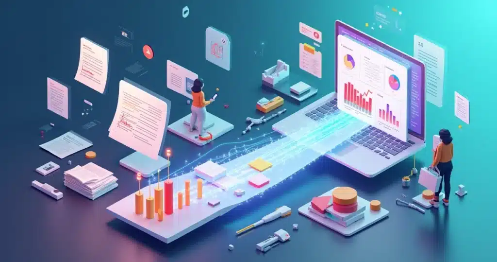 Como migrar de planilhas para um PRM sem perder dados nem produtividade Tela dividida mostrando transição de planilhas bagunçadas para painel PRM organizado