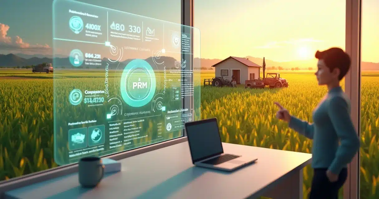 Gestor de agronegócio analisando parcerias de vendas em fazenda digitalizada