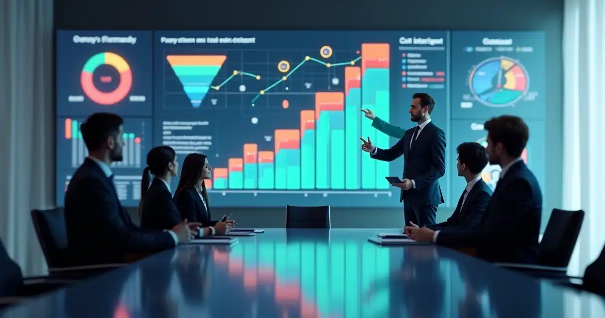 Painel 3D com executivos analisando gráficos de ROI de canais de parceiros em sala de reunião moderna, ROI de programas de parceiros