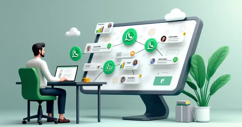 WhatsApp Business como canal de vendas B2B: guia para gestores de canais Gestor acompanhando vendas B2B por WhatsApp com parceiros em painel digital 3D, whatsApp Business como canal de vendas
