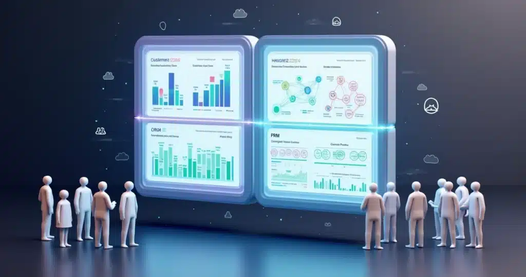 Como escolher entre CRM e PRM em 2026 Painel 3D comparando CRM e PRM em um dashboard de negócios