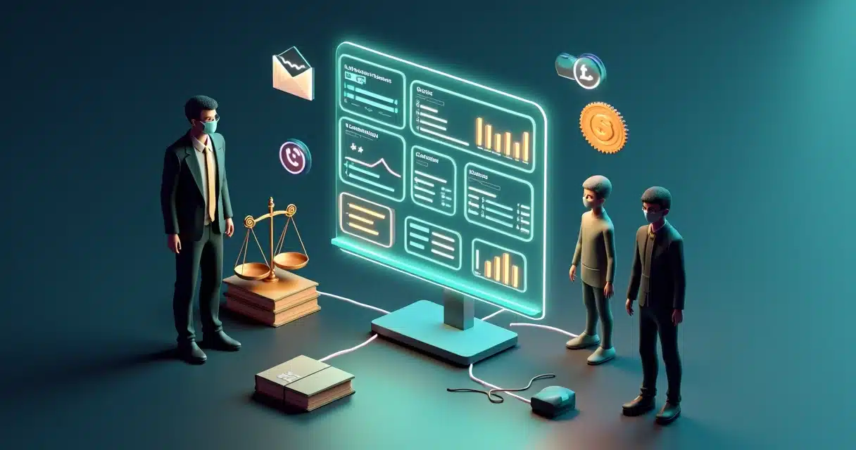 Dashboard 3D de software PRM para parcerias jurídicas com advogados e gráficos, parcerias jurídicas com software