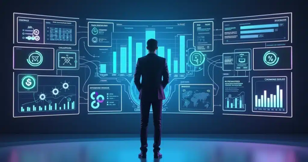 Planejamento de canais em 2026: estratégias dos líderes Painel 3D com líder analisando planejamento de canais e rede de parceiros conectados