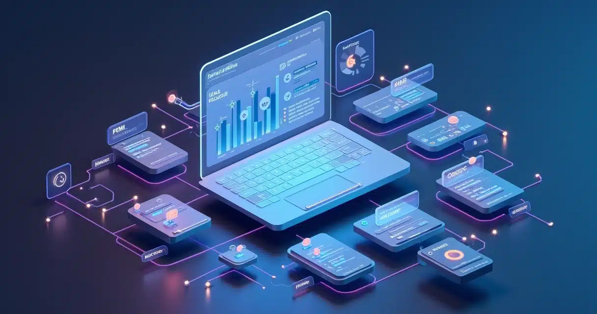 Painel 3D de gestão de programa de parceiros B2B com múltiplos canais conectados