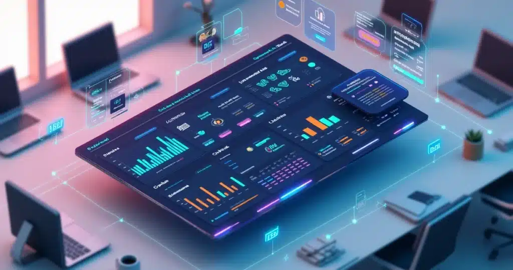 Stack Comercial em 2026: 7 Ferramentas Para Vendas B2B Painel 3D com ferramentas de vendas B2B integradas em um único dashboard futurista, Ferramentas Para Vendas
