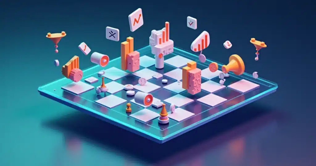 6 erros na avaliação de desempenho de parceiros SaaS Baixela de vidro 3D com peças de análise de parceiros SaaS caindo em desordem