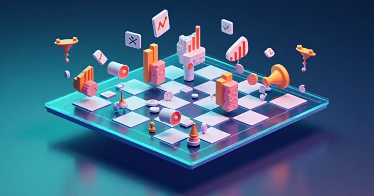 Baixela de vidro 3D com peças de análise de parceiros SaaS caindo em desordem