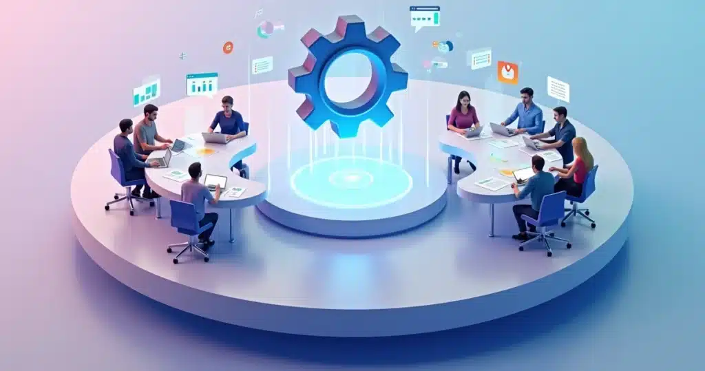 Como criar sinergia entre canais e equipe interna Equipe interna e parceiros externos colaborando como duas metades de um mecanismo 3D integrado