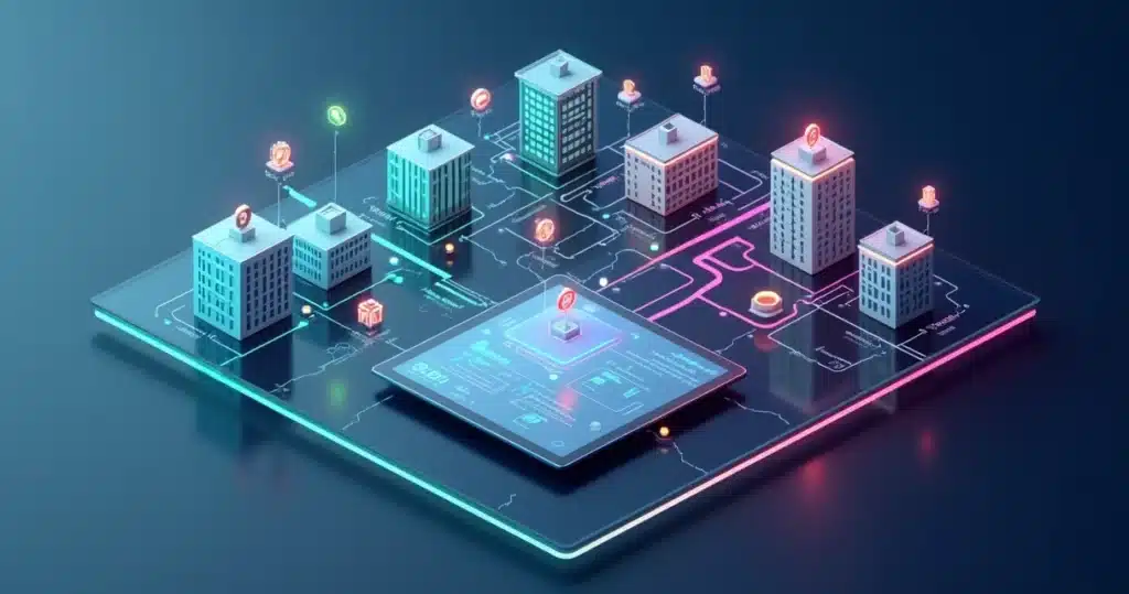 Account Mapping: potencialize parcerias cruzando dados de clientes Mapa 3D de contas conectando empresas parceiras por dados coloridos , Account Mapping