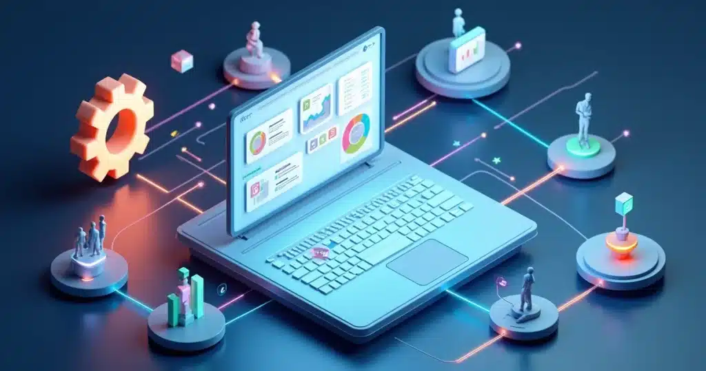 Zapier + PRM: os fluxos de automação mais usados em canais Fluxos de automação entre Zapier e plataforma PRM em estilo 3D futurista, Zapier + PRM