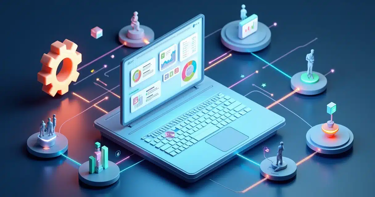 Fluxos de automação entre Zapier e plataforma PRM em estilo 3D futurista, Zapier + PRM