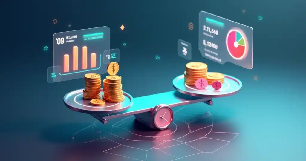 Como calcular a margem ideal para revendedor sem comprometer operação Balança 3D equilibrando lucro e desconto em painel financeiro futurista