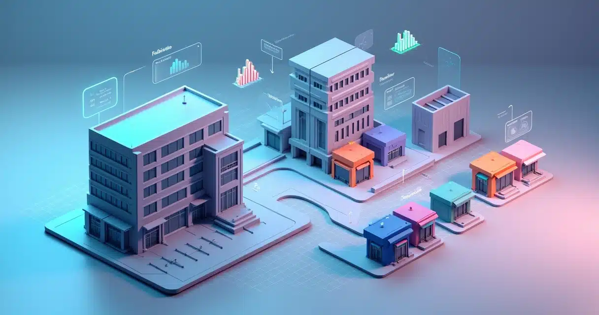 Representação 3D de cadeia two-tier ligando fabricante distribuidor e revendedores em operação B2B