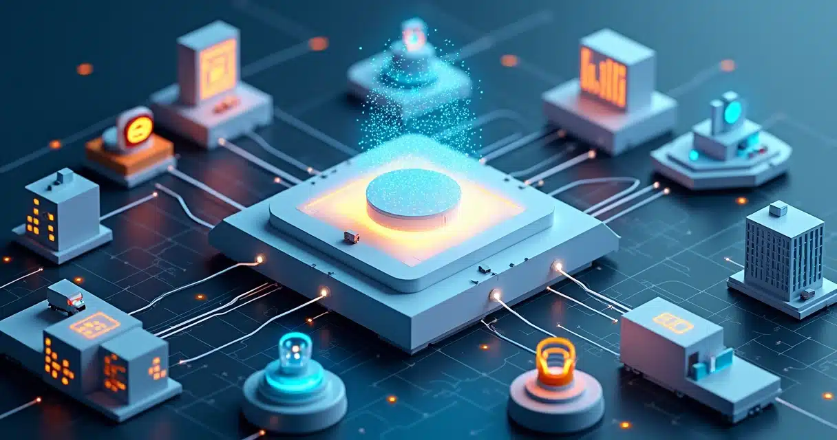 Rede 3D de hubs logísticos conectando caminhões e armazéns digitais