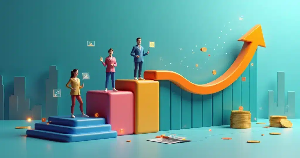 Como programas de capacitação multiplicam vendas por canal B2B Parceiros B2B em escada de capacitação que se transforma em gráfico de crescimento