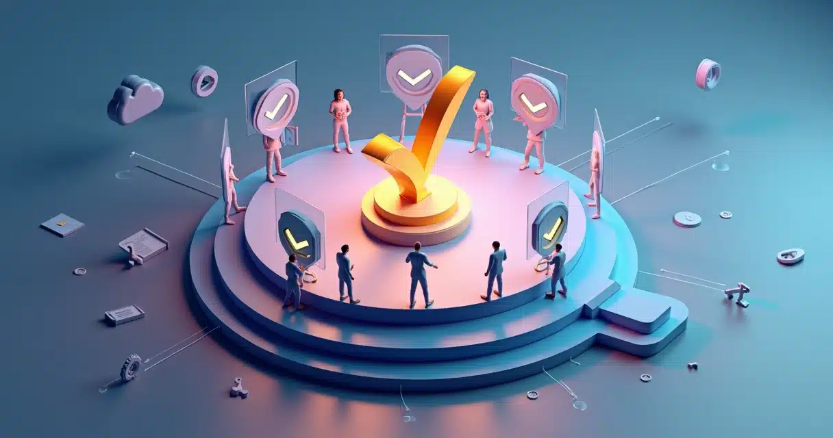 Certificados digitais flutuando ao redor de plataforma em 3D representando parceiros SaaS certificados