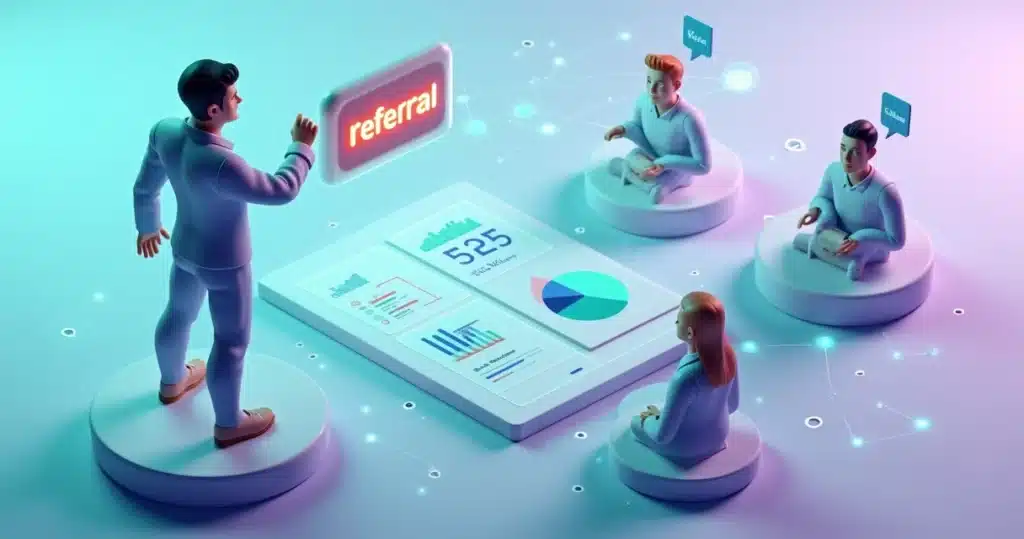 Como transformar cliente satisfeito em parceiro referral Cliente satisfeito indicando novo parceiro em cenário digital 3D, parceiro referral