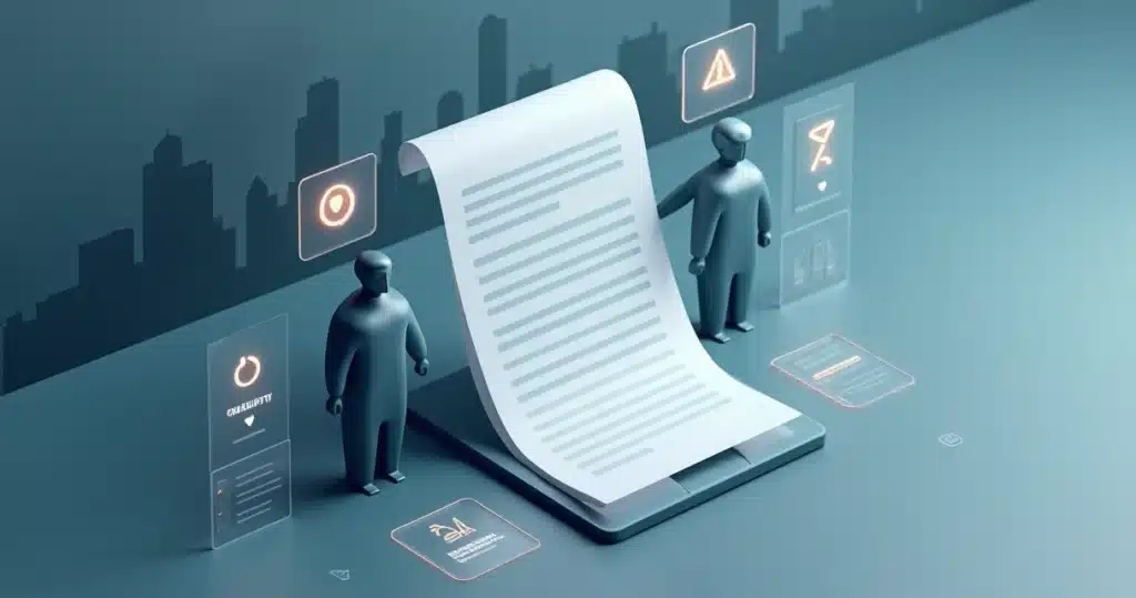 Direitos e deveres do parceiro: o que analisar no contrato antes de assinar Contrato de parceria em 3D sobre mesa digital com símbolos de cláusulas importantes, Direitos e deveres do parceiro