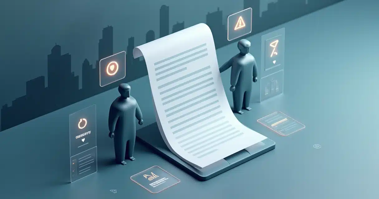 Contrato de parceria em 3D sobre mesa digital com símbolos de cláusulas importantes, Direitos e deveres do parceiro