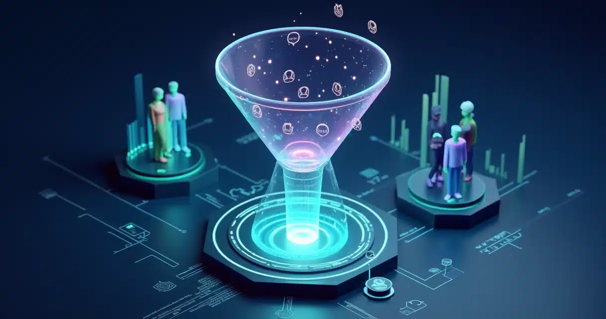 Painel 3D com funil de vendas parcialmente iluminado revelando influência invisível de parceiros