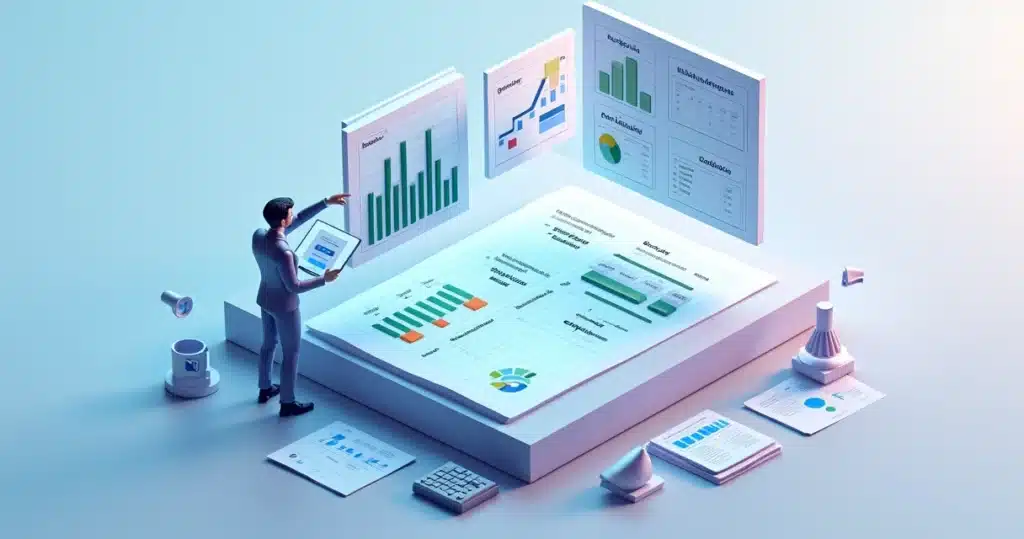 Como construir um dashboard de canais antes de ter um PRM Gestor analisando dashboard de canais em planilha 3D flutuante