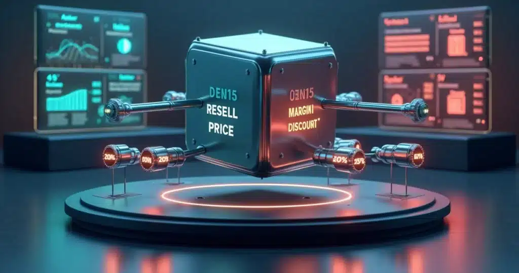 Guia Prático de Pricing para Canais Indiretos: Margem, Desconto e Revenda Engrenagens 3D conectando preços, margem e desconto em ecossistema de canais