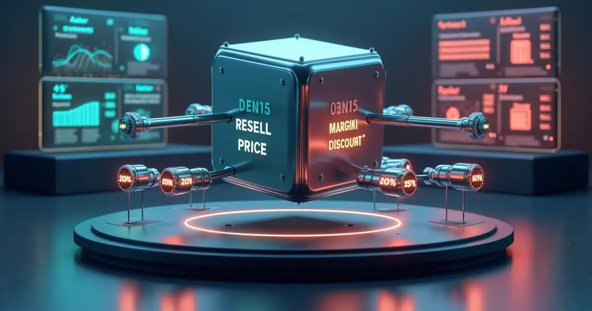 Engrenagens 3D conectando preços, margem e desconto em ecossistema de canais