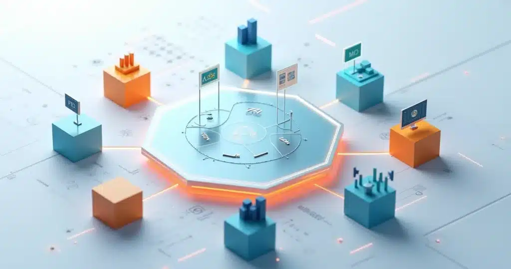 Plataforma 3D de gestão de canais e parcerias mostrando peças conectadas e indicadores de performance