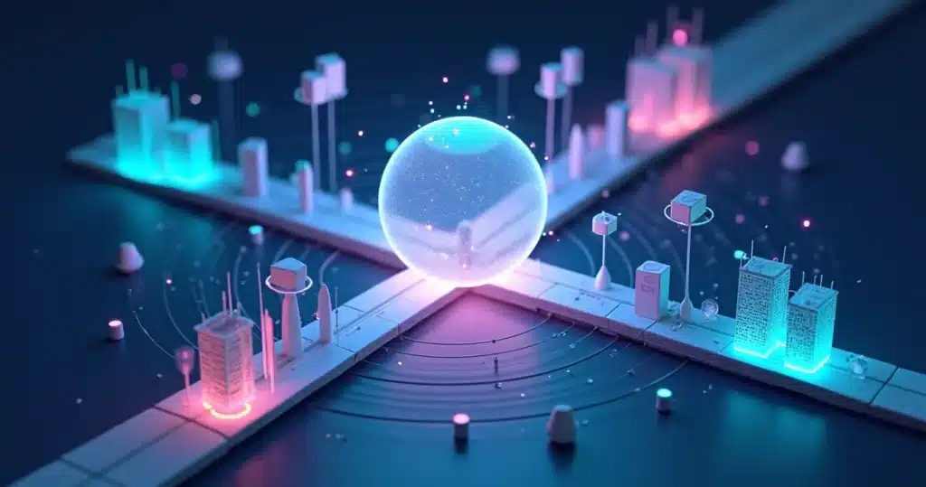 Nearbound: Como vender mais com Inteligência de Ecossistema Visual 3D de inteligência de ecossistema conectando empresas e parceiros, nearbound