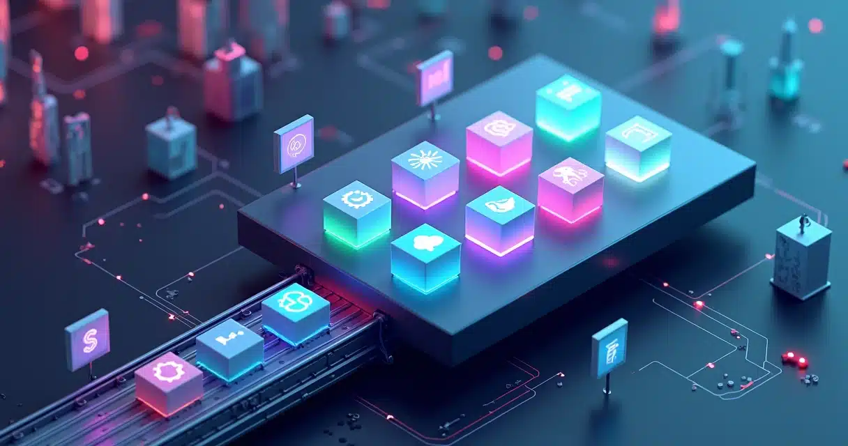 Prateleira digital 3D com ícones de SaaS em um marketplace B2B futurista