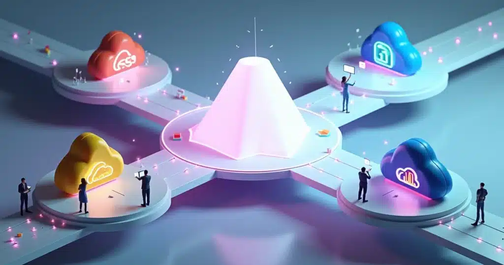 Como vender em parceria com AWS, Azure e Google Cloud Cenário 3D com plataformas em nuvem de AWS Azure e Google Cloud conectadas em parceria, vender em parceria com AWS