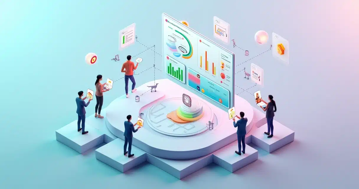 Painel 3D de sucesso do cliente com parceiros monitorando churn e health score, Customer Success