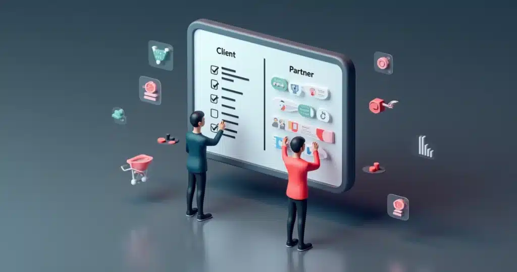 O erro de tratar parceiro como cliente e o que fazer diferente Dois avatares 3D em posições assimétricas em frente a um painel digital de negócios