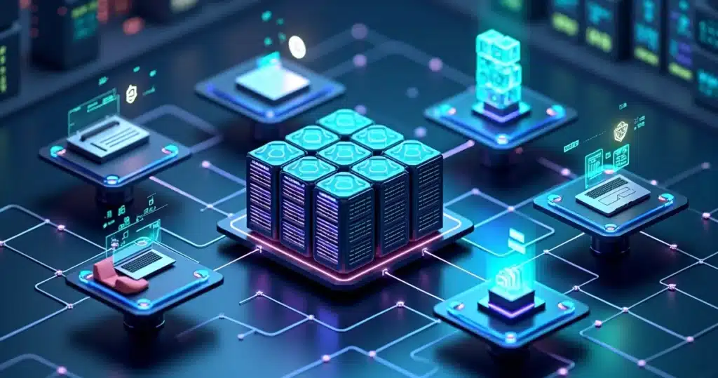 Parcerias para empresas de infraestrutura de TI e datacenter Visão 3D de datacenter interligado por rede de parceiros de tecnologia
