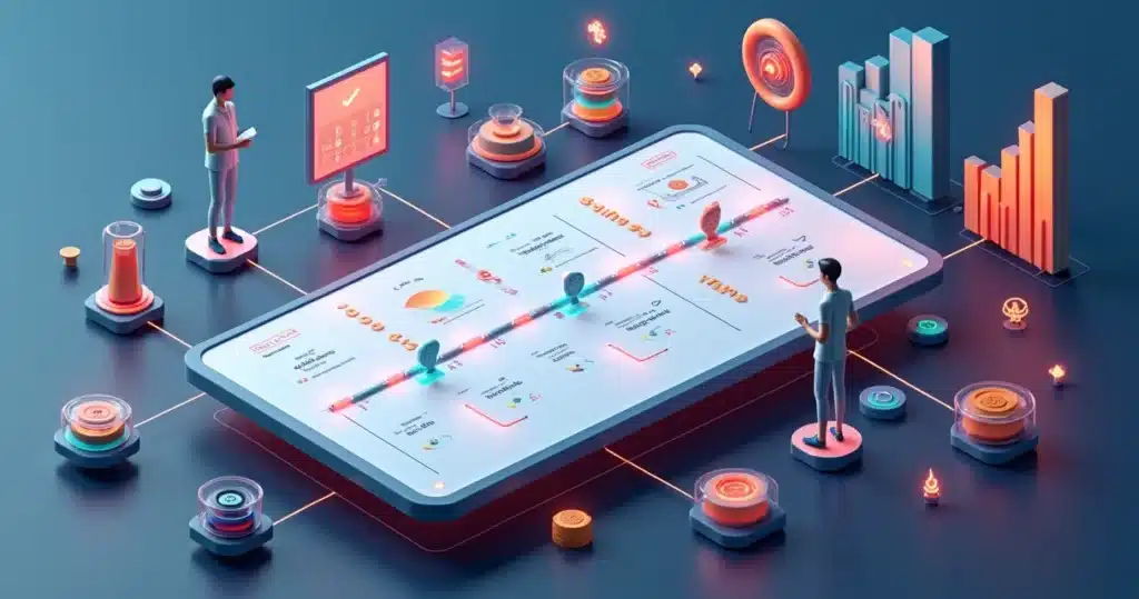 Joint Business Plan com parceiros: 7 passos para o planejamento anual conjunto Tabuleiro 3D de planejamento com ícones de parceiros conectados em estratégia conjunta