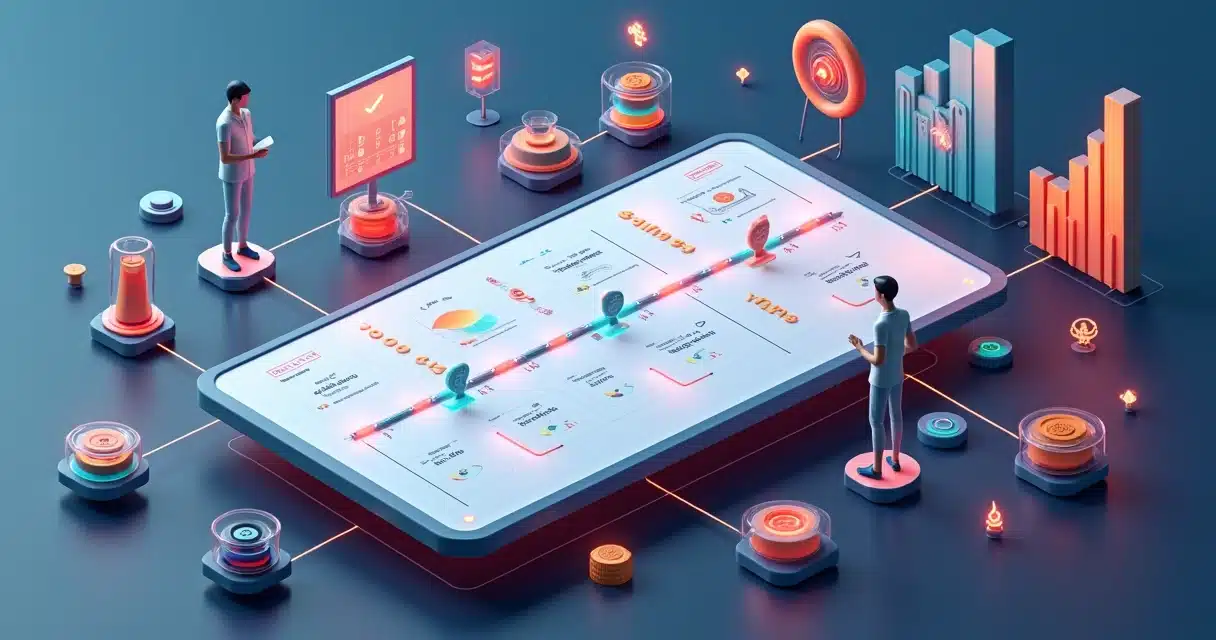 Tabuleiro 3D de planejamento com ícones de parceiros conectados em estratégia conjunta