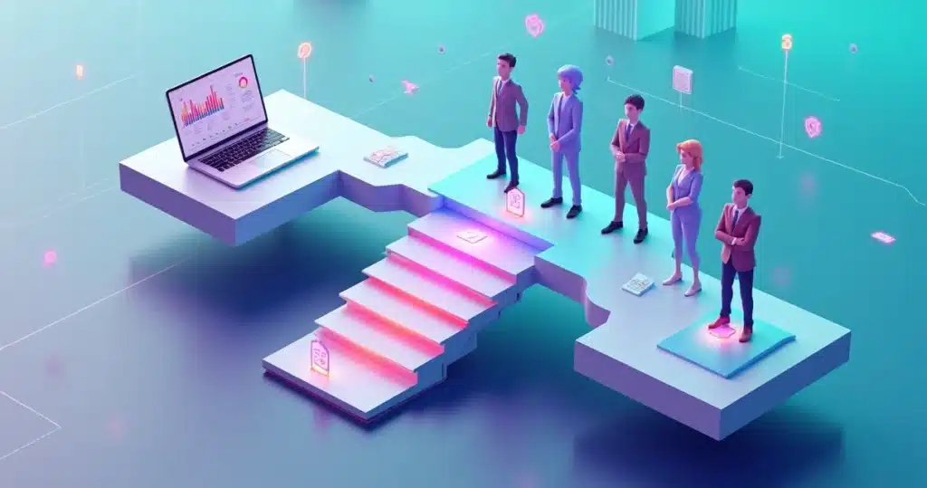 Como conseguir os primeiros 5 parceiros estratégicos Ponte 3D ligando duas plataformas de negócios com cinco figuras representando parceiros estratégicos, primeiros 5 parceiros estratégicos