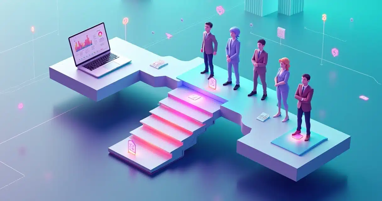 Ponte 3D ligando duas plataformas de negócios com cinco figuras representando parceiros estratégicos