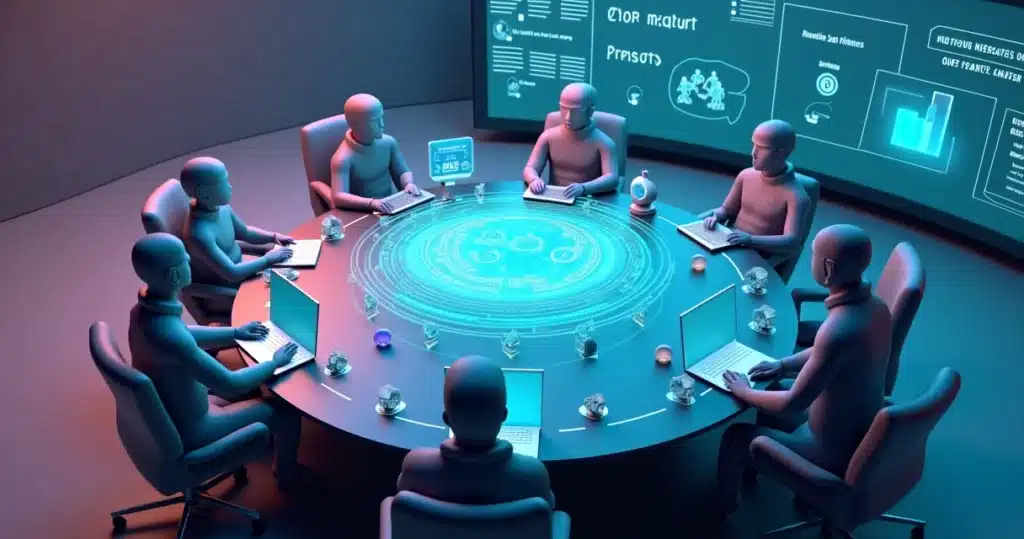 Reunião de QBR entre empresa e parceiros em sala 3D com tela holográfica de métricas