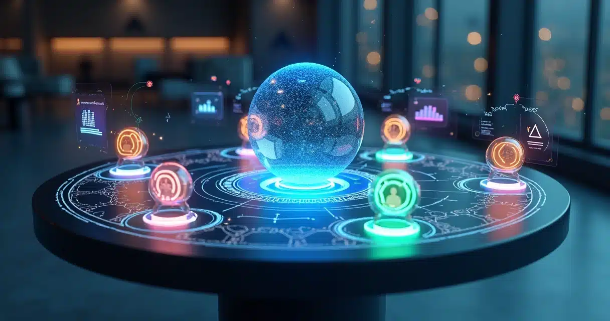 Rede de parceiros em 3D rodeada por anéis de inteligência artificial destacando engajamento e risco de evasão