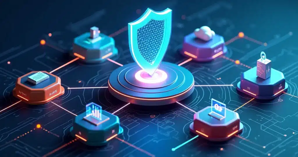 Canal de parceiros em cibersegurança: revendas e MSSPs Rede 3D de blocos representando parceiros em cibersegurança conectados a um escudo digital central, MSSPs