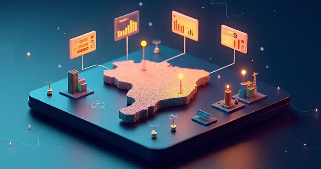 Estratégia de canais para Norte e Nordeste Mapa 3D do Brasil com Norte e Nordeste em destaque ligados a dashboards de canais, Estratégia de canais para Norte e Nordeste