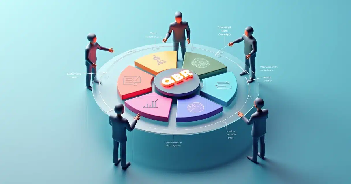 Mesa em formato de círculo com peças 3D organizando um QBR com parceiros, QBR com Parceiros