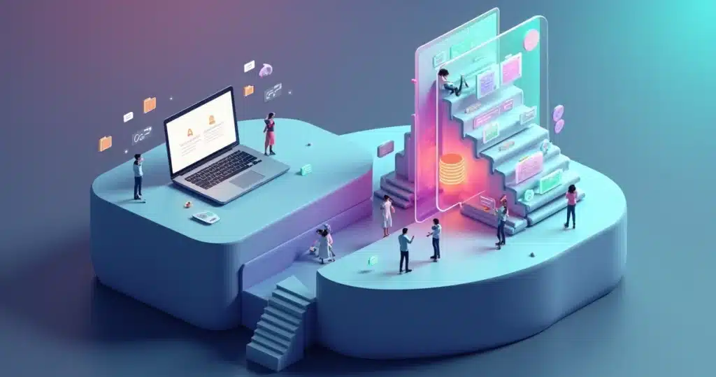 Partner Portal ou PRM? Guia de Vantagens, Limites e Cenários 2025 Ilha 3D dividida mostrando experiências diferentes em partner portal e PRM