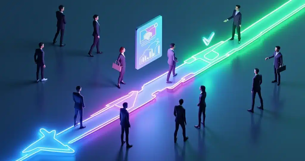Como alinhar o time comercial interno para não competir com parceiros Equipe comercial interna e parceiros alinhando metas em trilho duplo em ambiente 3D corporativo, alinhar o time comercial